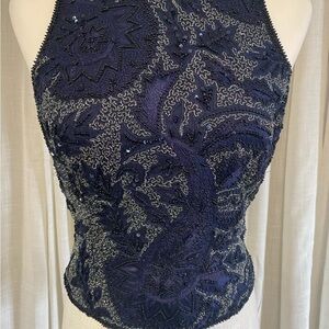 Laurence Kazar Navy Blue and Silver Embroidered Satin Top